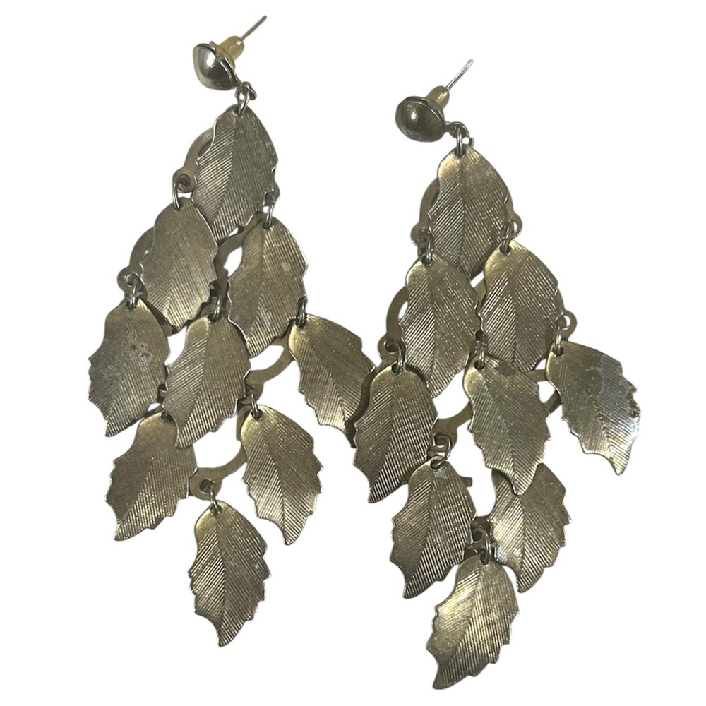 Vintage 90s Brass Gold Leaf Cascade Chandelier Earrings 4” Bold Glam Statement - Picture 2 of 5